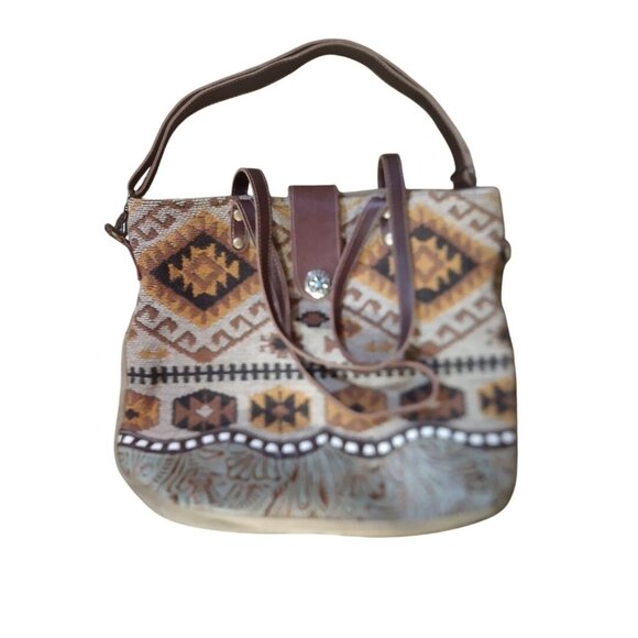 Myra Bag Boho Southwestern Canvas & Leather Tote Bag With Patterned Design - Picture 1 of 4